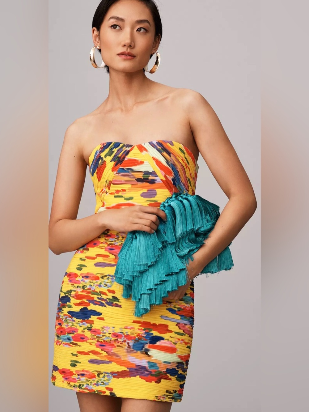 AMUR Jana Strapless Ruched Mini Cocktail Dress Yellow Abstract Floral Sz 4